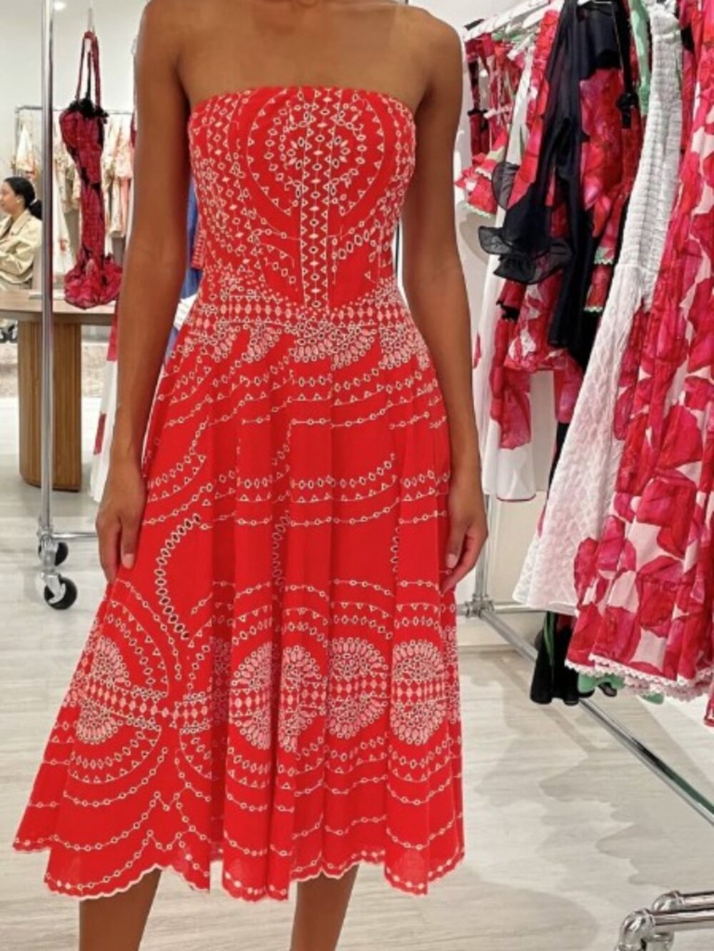 Charo Ruiz Red Galik Strapless Eyelet Midi Dress